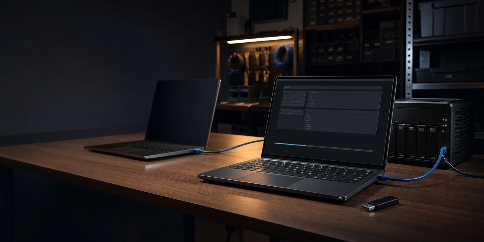 Technician bench with laptops, boot media, and a compact image server.